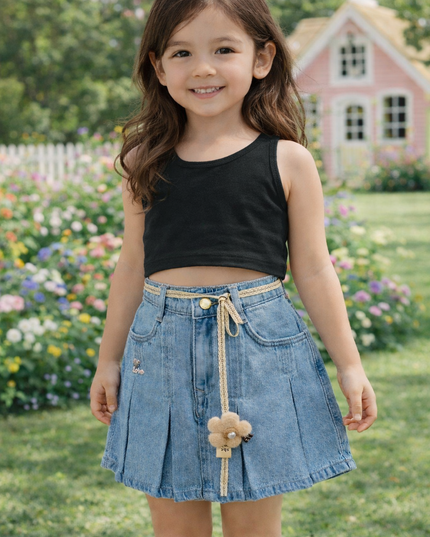 Girls Denim Pleated Skort with Cute Belt | Kids Casual Summer Wear | He And She