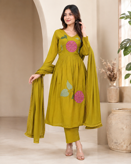 LADIES KURTIS SET CODE-A229 Mustard Embroidered Kurti Pant with Dupatta Set for Women