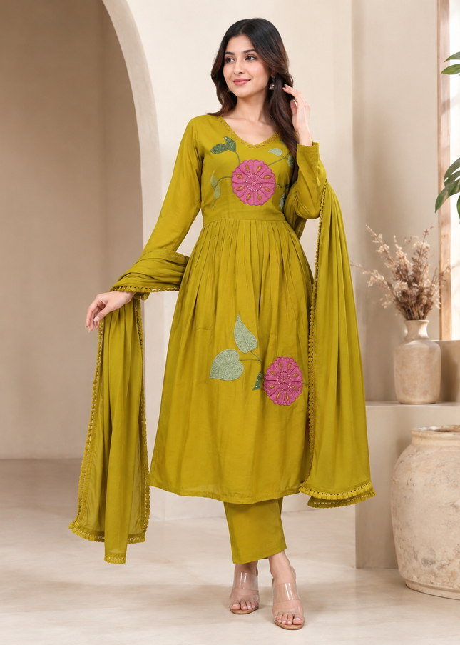 LADIES KURTIS SET CODE-A229 Mustard Embroidered Kurti Pant with Dupatta Set for Women