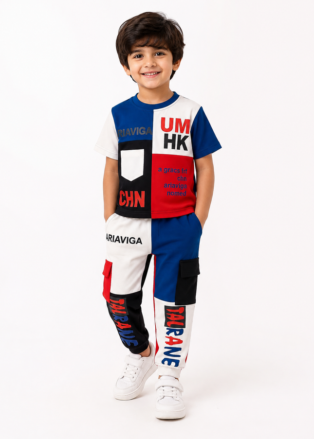 BOYS CODINATE CODE-A236 Boys Color Block T-Shirt & Cargo Pants Co-Ord Set