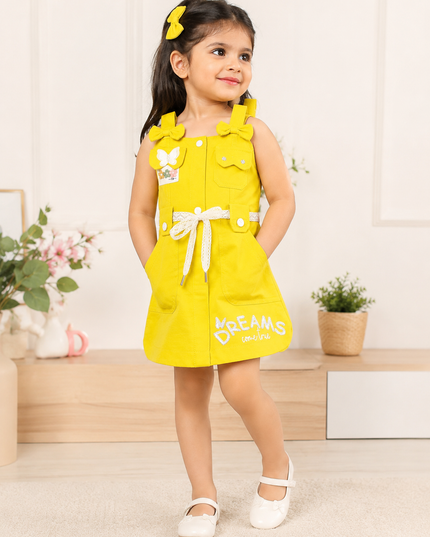 GIRLS MIDI CODE-A224 Girls Bright Yellow Bow Pocket Dress | Stylish Sleeveless Casual Dress for Kids
