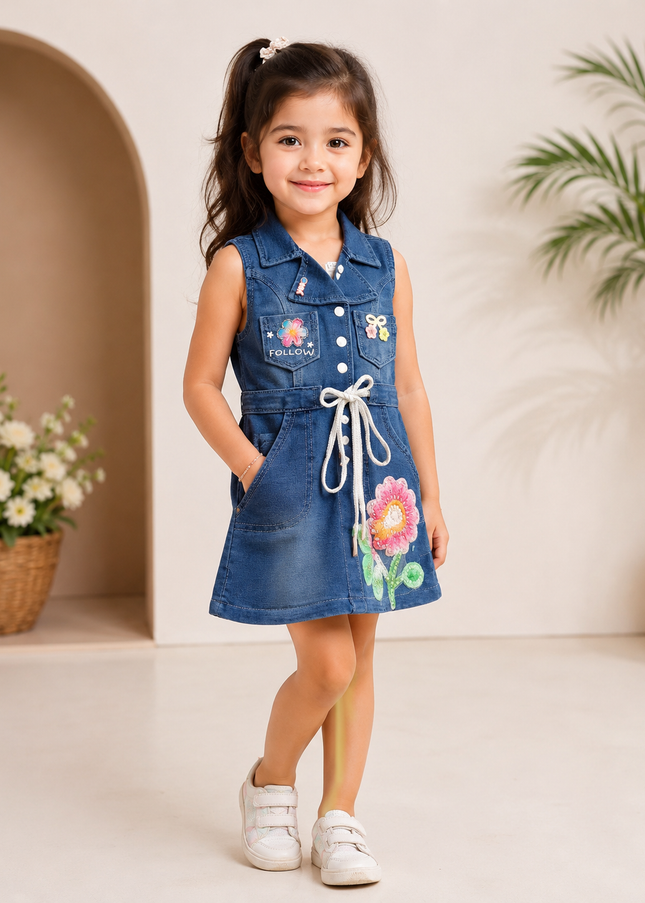 GIRLS MIDI CODE-A225 Girls Denim Shirt Dress with Floral Embroidery & Waist Tie Belt