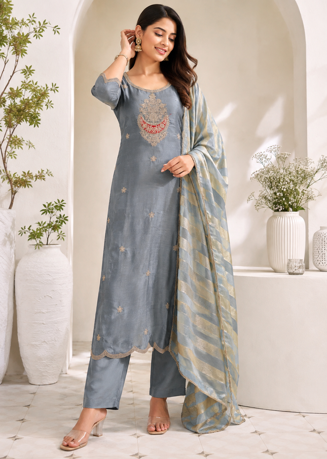 LADIES KURTI SET CODE-A234 Women’s Blue Grey Embroidered Kurta Pant Set with Striped Dupatta