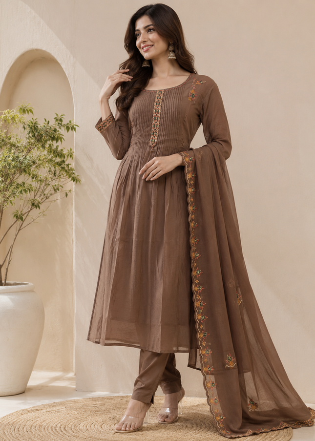 LADIES KURTI SET CODE-A231 Women’s Brown Embroidered Kurta Pant Set with Dupatta
