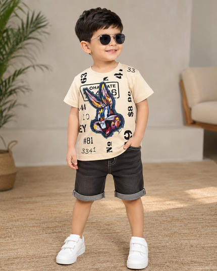 BOYS TSHIRT CODE-A237 Boys Graphic Printed Cotton T-Shirt – Cream Casual Half Sleeve Tee