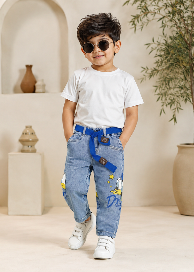 BOYS JEANS CODE-A239 Boys Light Blue Printed Denim Jeans with Blue Belt
