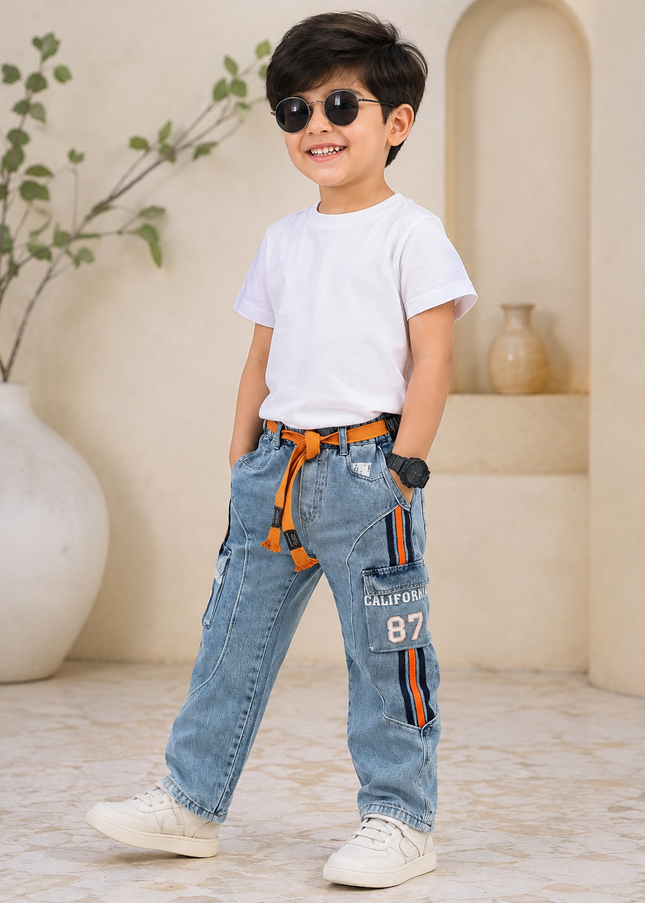 BOYS JEANS CODE-A240 Boys Light Blue Cargo Style Denim Jeans with Orange Stripes & Utility Pockets