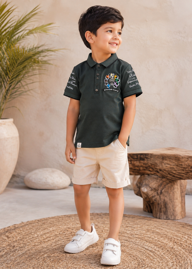 BOYS TSHIRT CODE-A241 Boys Dark Green Printed Polo T-Shirt with Graphic Detail
