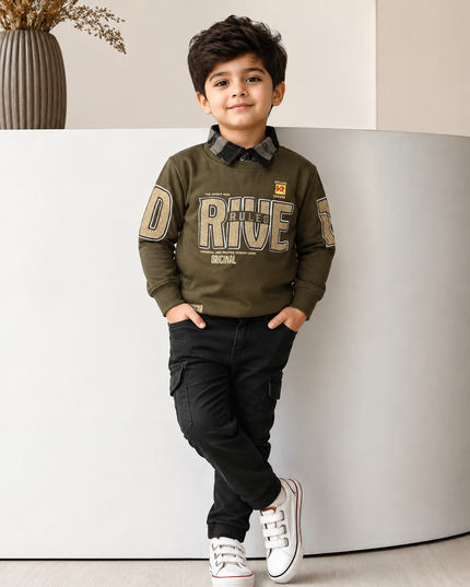 BOYS TSHIRT CODE-A242 Boys Olive Green Full Sleeve Graphic T-Shirt – Drive Print