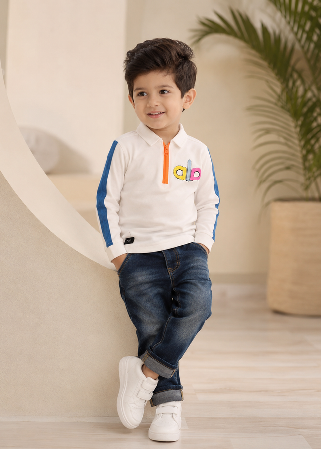 BOYS TSHIRT CODE-A243 Boys White Full Sleeve Polo T-Shirt with Blue Stripes & Orange Zip