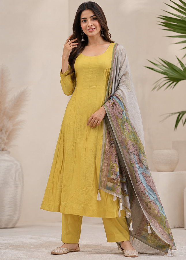 LADIES KURTI SET CODE-A264 Mustard Yellow Women’s Kurta Pant Set with Printed Dupatta