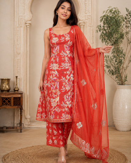 LADIES KURTI SET CODE-A261 Women’s Red Floral Printed Kurta Pant Set with Dupatta