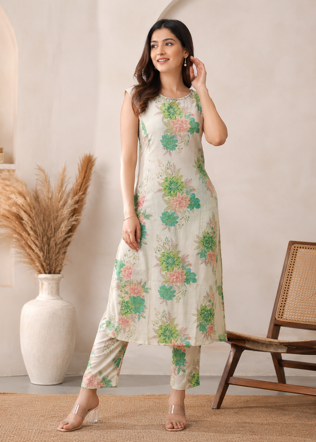 LADIES KURTI SET CODE-A247 Women’s Floral Printed Kurta Pant Set – Red & Green
