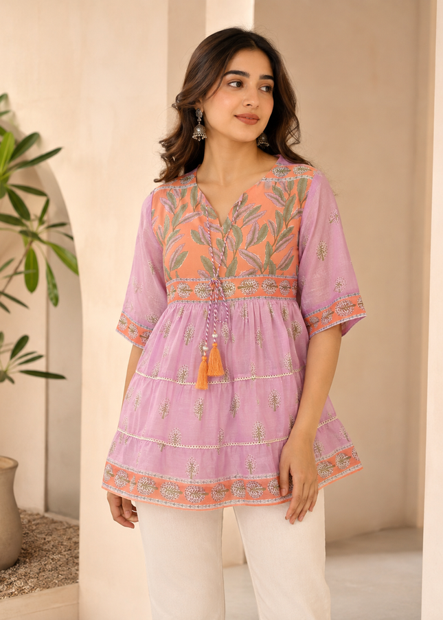 LADIES TWINIC CODE-A260 Women’s Pastel Printed Short Kurti – Peach & Lavender Floral Kurti