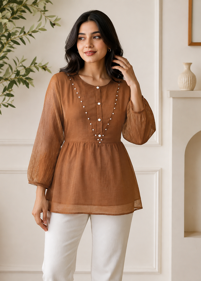 LADIES TWINIC CODE-A259 Women’s Brown Embellished Short Kurti with Sheer Sleeves