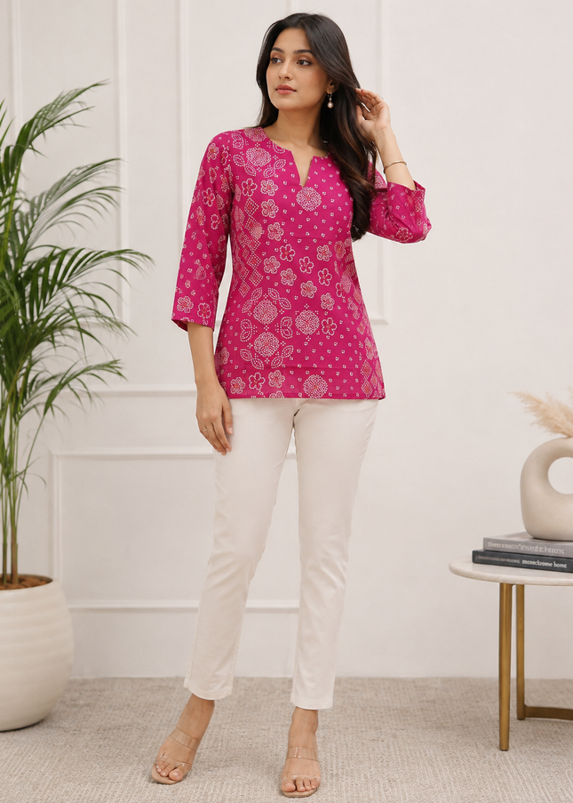 LADIES TWINIC CODE-A257 Women’s Pink Printed Short Kurti | Stylish Casual Ethnic Kurti