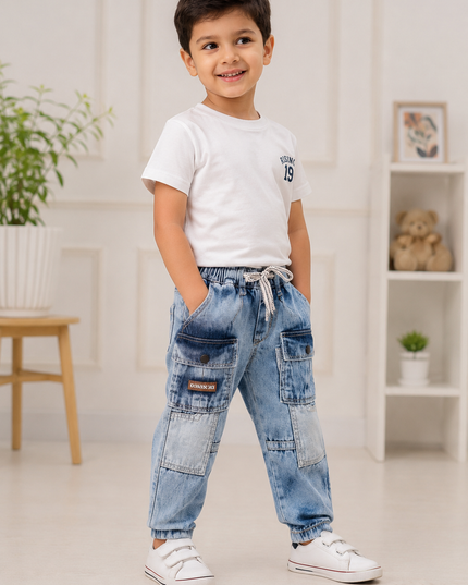 BOYS JEANS CODE-A253 Boys Light Blue Washed Denim Cargo Jeans with Utility Pockets