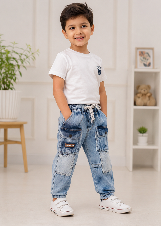 BOYS JEANS CODE-A253 Boys Light Blue Washed Denim Cargo Jeans with Utility Pockets