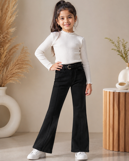 GIRLS JEANS CODE-A252 Girls Black Flared Jeans with Belt | Stylish Wide-Leg Denim Pants