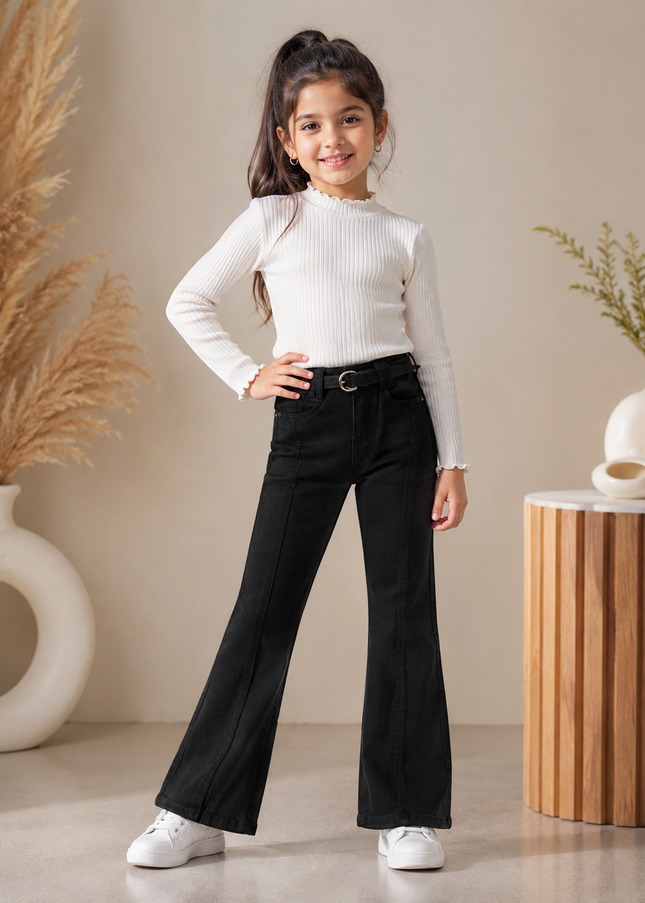GIRLS JEANS CODE-A252 Girls Black Flared Jeans with Belt | Stylish Wide-Leg Denim Pants