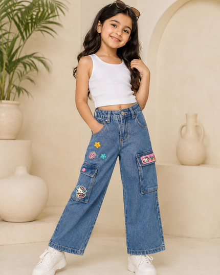 GIRLS JEANS CODE-A251 Girls’ Wide-Leg Cartoon Patch Cargo Jeans | Stylish Denim Pants