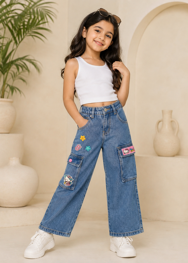 GIRLS JEANS CODE-A251 Girls’ Wide-Leg Cartoon Patch Cargo Jeans | Stylish Denim Pants