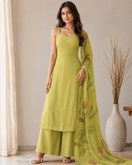 LADIES COTS CODE-A248 Women’s Sleeveless Kurti Palazzo Set with Floral Dupatta – Lavender & Lemon