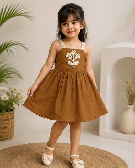 GIRLS  MIDI CODE-A271 Girls Brown Floral Embroidered Flared Dress