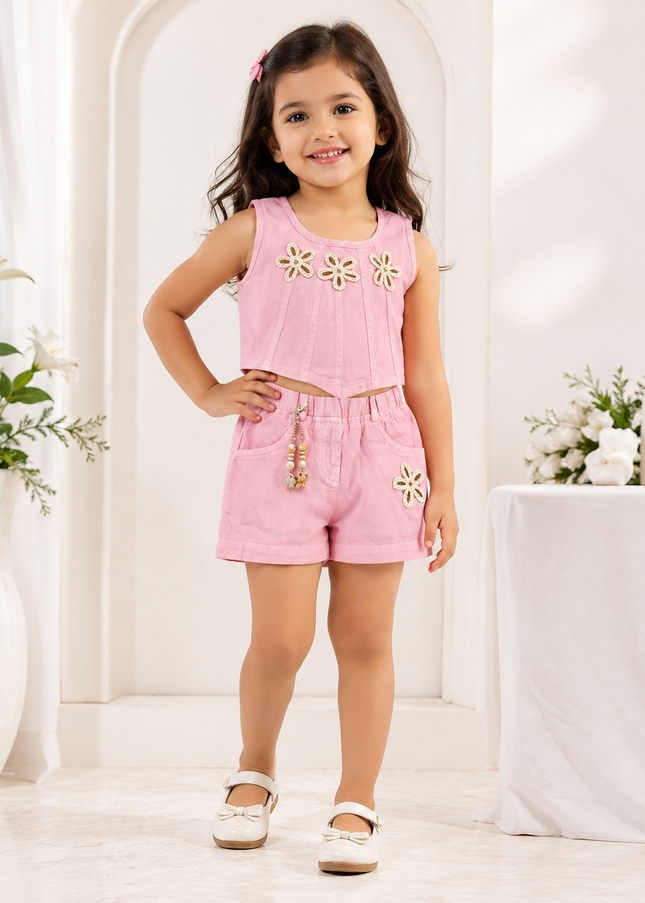 GIRLS CODINATE CODE-A272 Girls Pink Floral Cord Set | Sleeveless Top & Shorts Set