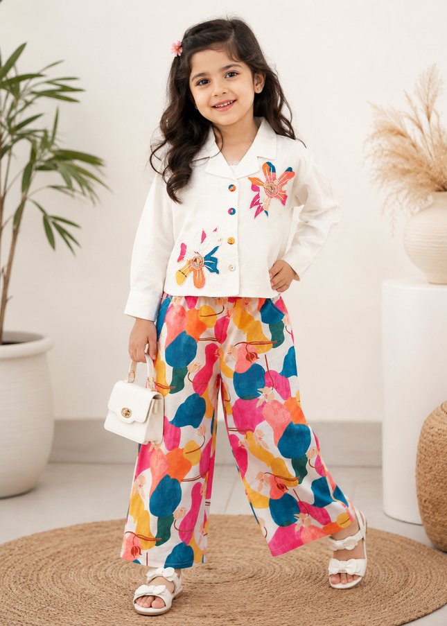 GIRLS PLAZO SET CODE-A275 Girls Floral Printed Co-Ord Set with Embroidered Jacket & Palazzo Pants