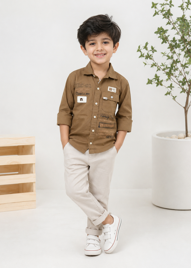 BOYS SHIRT CODE-A277 Boys Brown Casual Full Sleeve Shirt with Front Pockets & Printed Details
