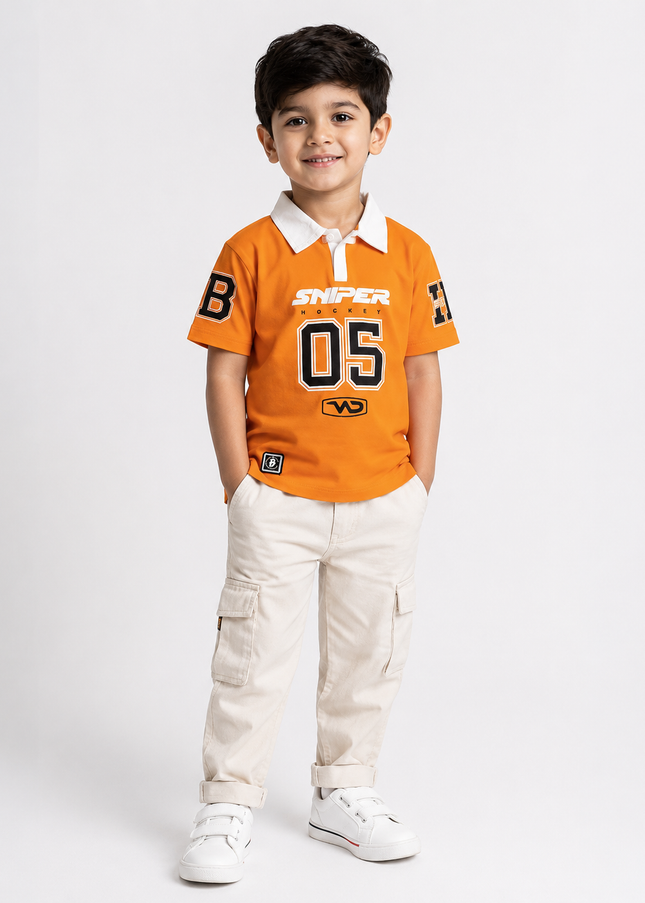 BOYS TSHIRT CODE-A279 Boys Orange Polo T-Shirt with Printed Graphic | He And She Kidswear
