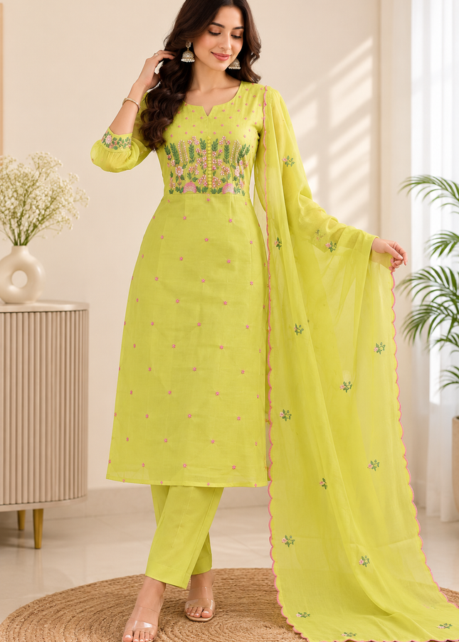 LADIES KURTI SET CODE-A280 Lime Green Floral Embroidered Kurta Pant Dupatta Set for Women