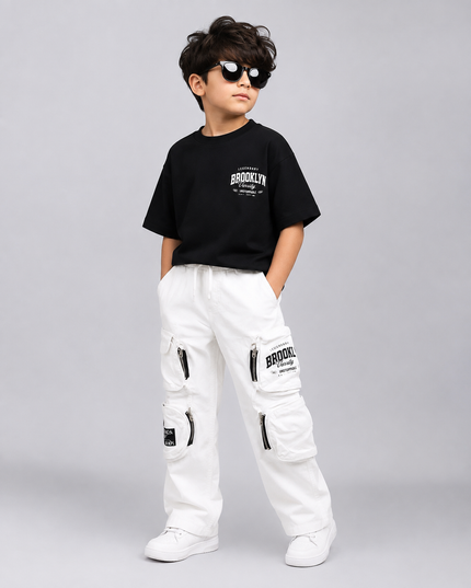 BOYS JEANS CODE-A283 Boys Black Oversized T-Shirt with White Cargo Pants Set | Stylish Kids Co-Ord Set