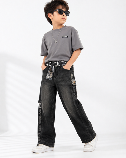 BOYS JEANS CODE-A284 Boys Black Wide-Leg Denim Jeans | Trendy Printed Casual Jeans