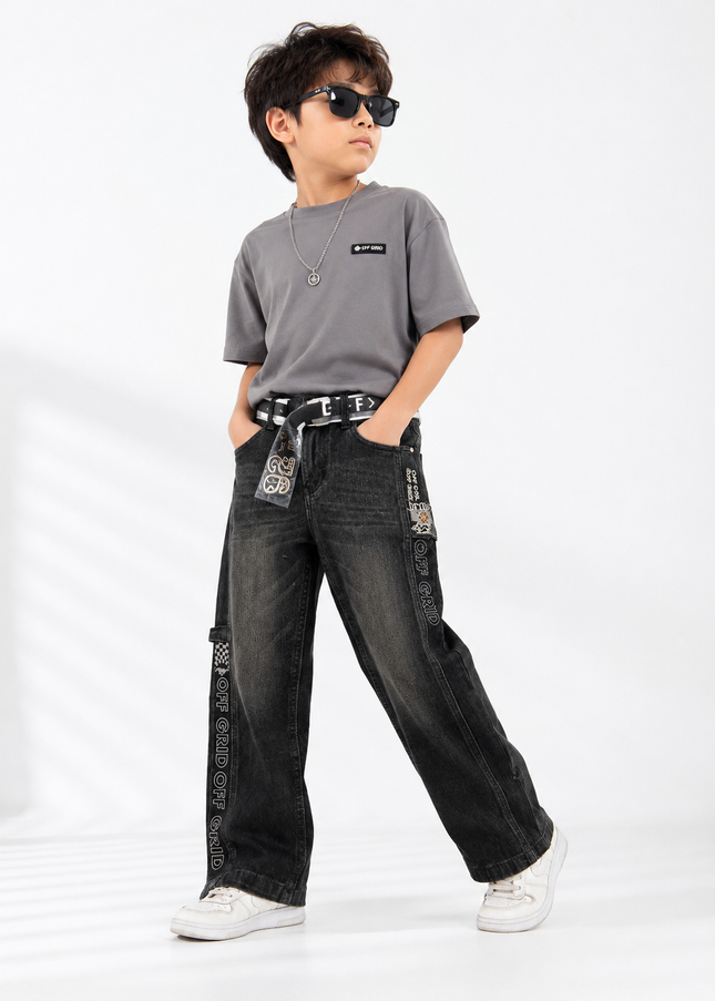BOYS JEANS CODE-A284 Boys Black Wide-Leg Denim Jeans | Trendy Printed Casual Jeans