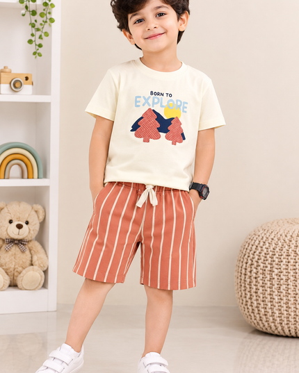 BOYS SET CODE-A286 Boys Cotton T-Shirt & Shorts Set – Born to Explore Printed Co-Ord Set | He And She Kidswear