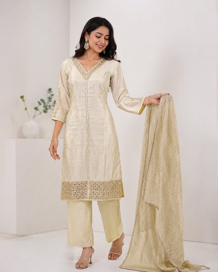 LADIES KURTI SET CODE-A287 Women’s Embroidered Ivory Kurta Pant Set with Dupatta | Festive Ethnic Suit Set