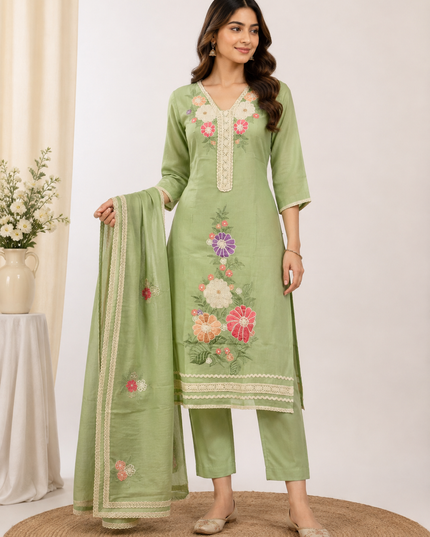 LADIES KURTI SET CODE-A290 Women’s Olive Green Embroidered Straight Kurta Pant & Dupatta Set | He And She