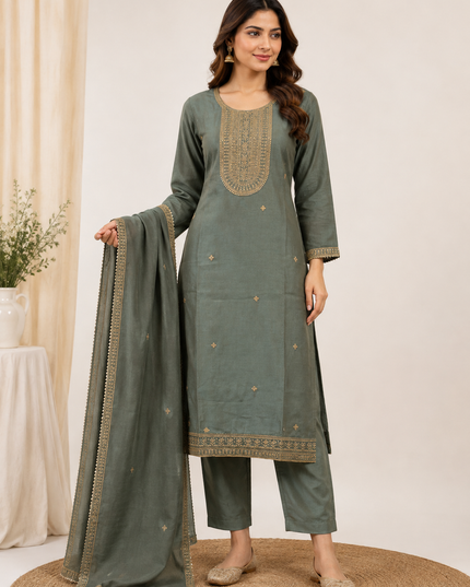 LADIES KURTI SET CODE-A291 Women’s Olive Green Embroidered Straight Kurta Pant & Dupatta Set | He And She