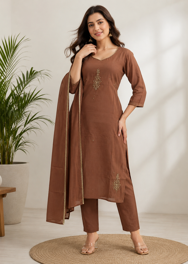 LADIES KURTI SET CODE-A293 Women’s Brown Embroidered Kurta Pant Dupatta Set | He and She