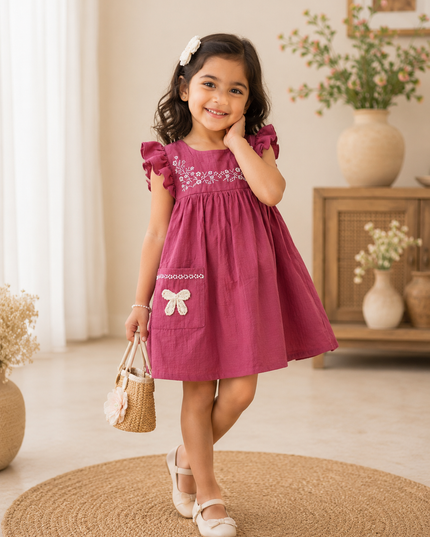 GIRLS FROCK CODE-A301 Girls Embroidered Floral Dress with Ruffle Sleeves | Stylish Party & Casual Dress