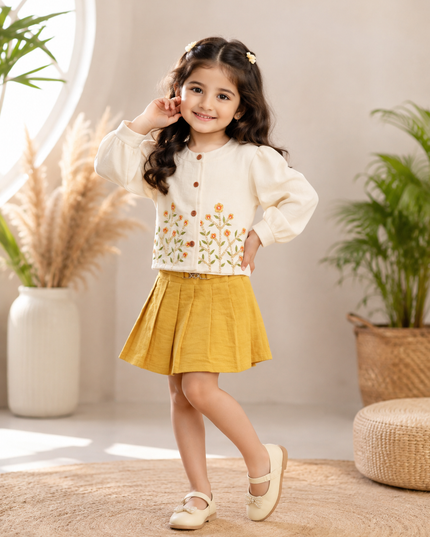 GIRLS SET CODE-A300 Girls Cream Embroidered Top with Mustard Pleated Skirt Set