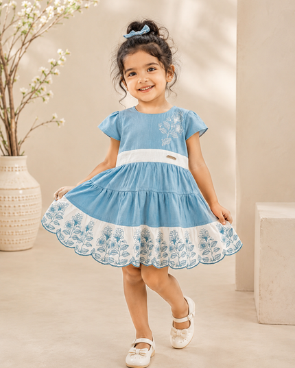 GIRL FROCK CODE-A299 Girls Blue Floral Embroidered Tiered Frock Dress | Cotton Party Wear Dress