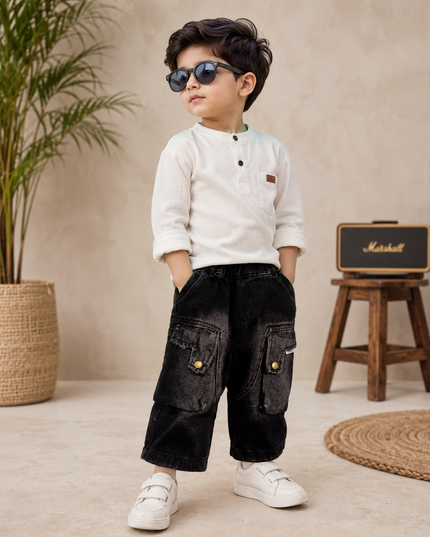 BOYS JEANS CODE-A305 Boys Black Denim Cargo Shorts | Stylish Casual Shorts for Kids