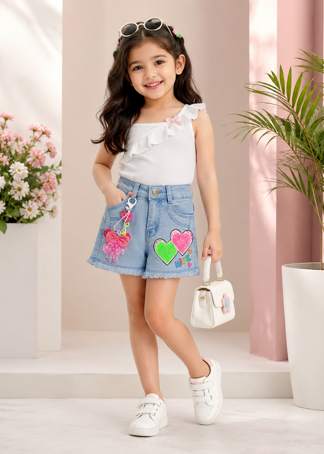 GIRLS SHORT CODE-A308 Girls' Heart Patch Embellished Denim Shorts with Decorative Charm