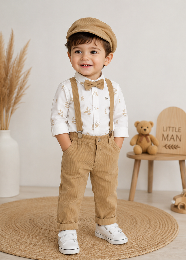 BOYS SET CORD-A309 Boys Beige Corduroy Pant, Printed Shirt, Bow Tie & Cap Party Wear Set