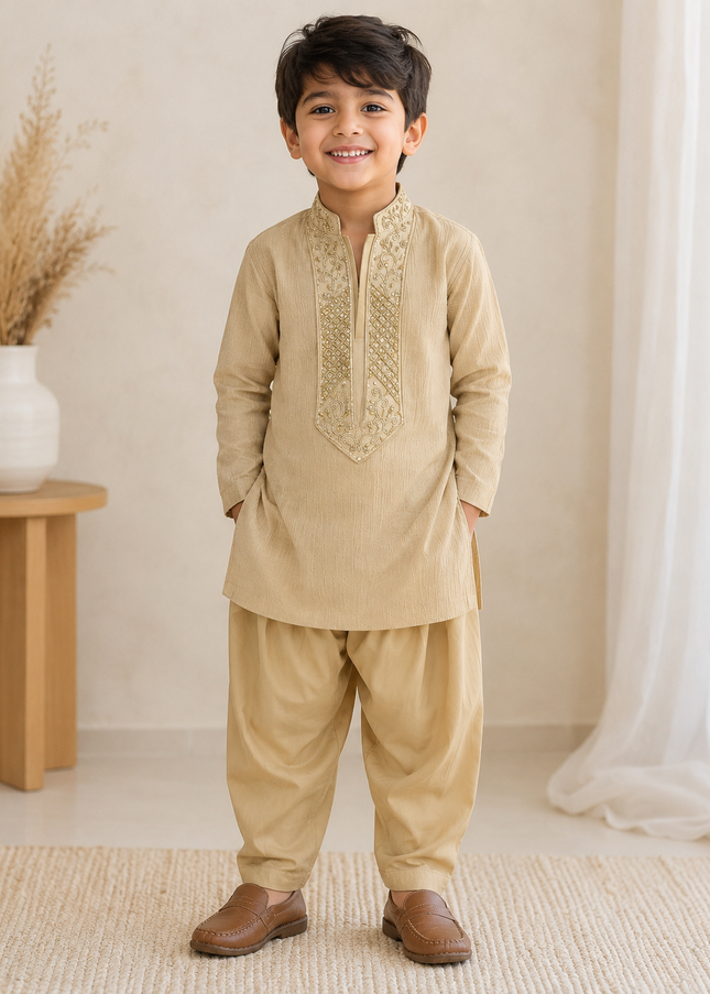 BOYS ETHNIC CODE-A311 Boys Beige Embroidered Kurta Pajama Set | Traditional Ethnic Wear for Kids