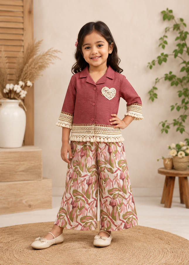 GIRLS PLAZO SET CODE-A312 Girls Floral Palazzo Set with Lace Detail Top | Stylish Co-Ord Set for Girls