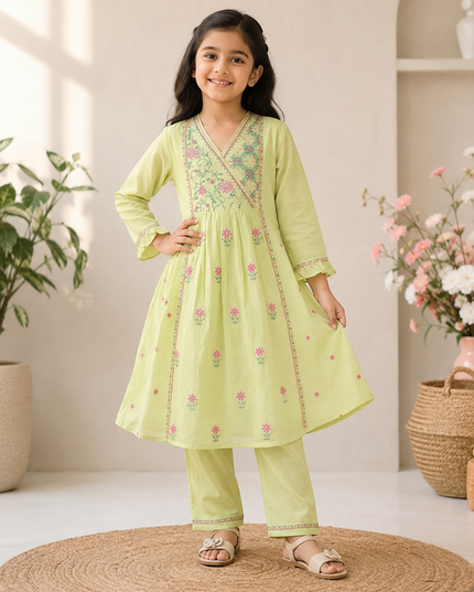 GIRLS KURTI SET CODE-A314 Girls Green Embroidered Kurta Pant Set | Floral Ethnic Wear for Girls